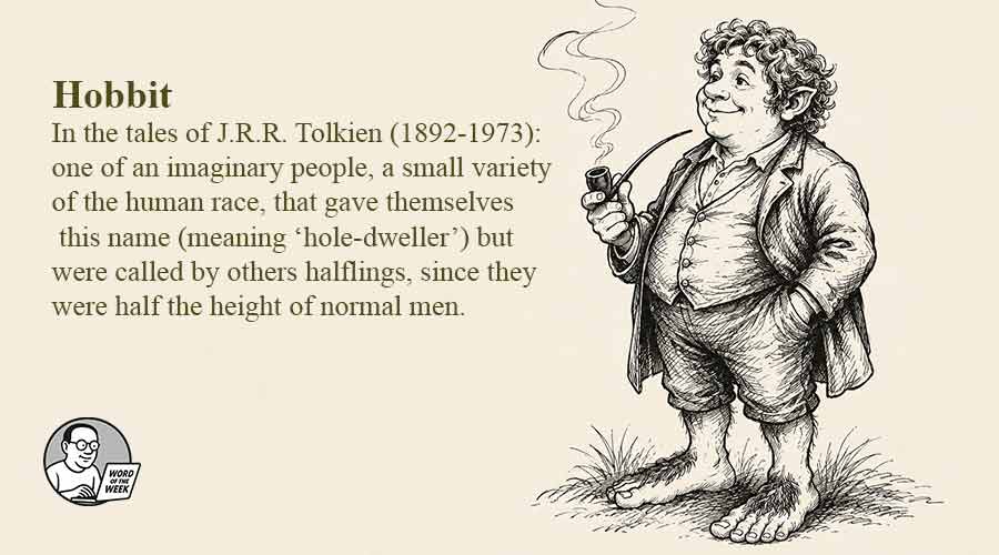 Image of a hobbit with the caption: In the tales of J. R. R. Tolkien (1892-[1973]): one of an imaginary people, a small variety of the human race, that gave themselves this name (meaning ‘hole-dweller’) but were called by others halflings, since they were half the height of normal men. JRR Tolkeii's definition for the OED,