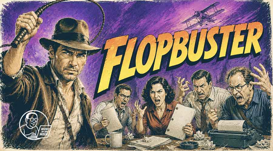 An AI generated mock film poster headed FLOPBUSTER with an Indiana Jones like figure in the front with disgruntled scriptwriters.