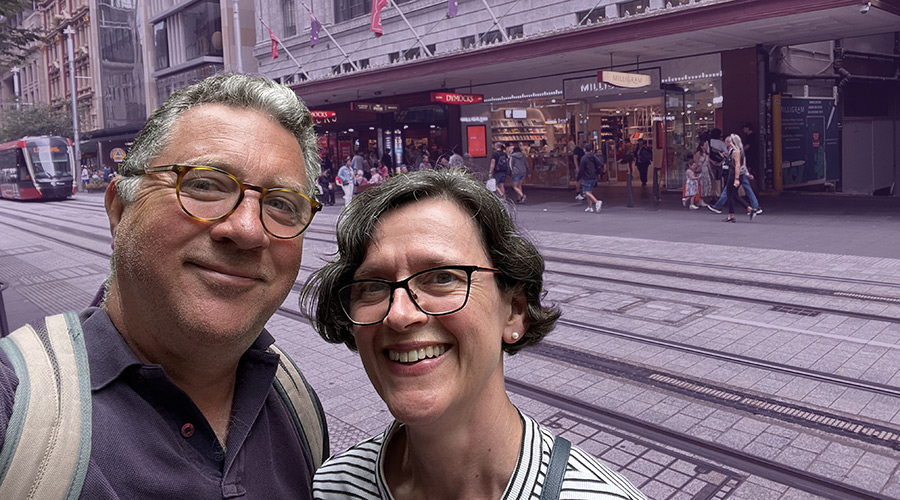 Tim Entwisle and Faith Entwisle outside Dymocks in Sydney. Tim is a bibliomaniac.